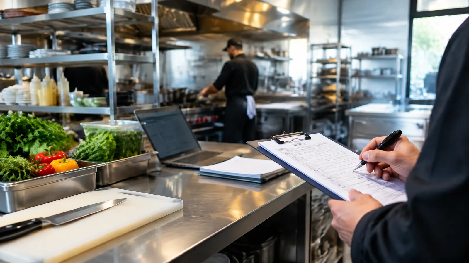 A food safety walk-through in a professional restaurant kitchen